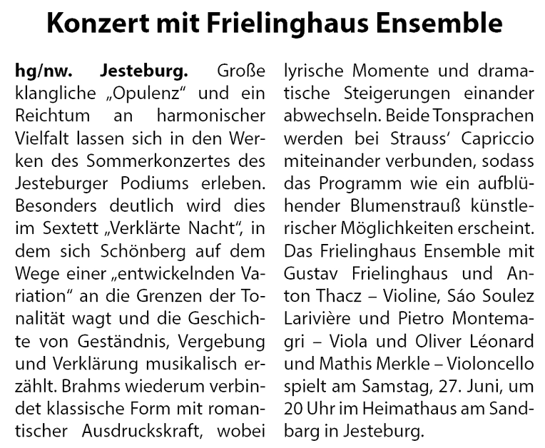 Textankündigung für ein Konzert des Frielinghaus Ensembles in Jesteburg.