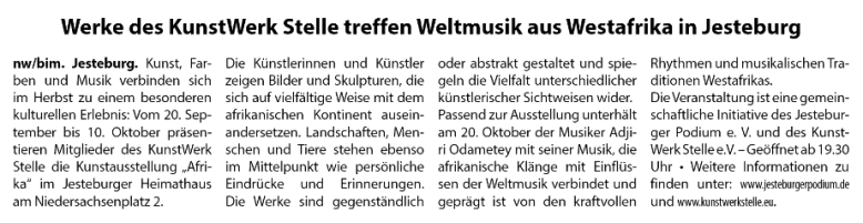 Zeitungsartikel über eine Kunstausstellung mit westafrikanischer Weltmusik 